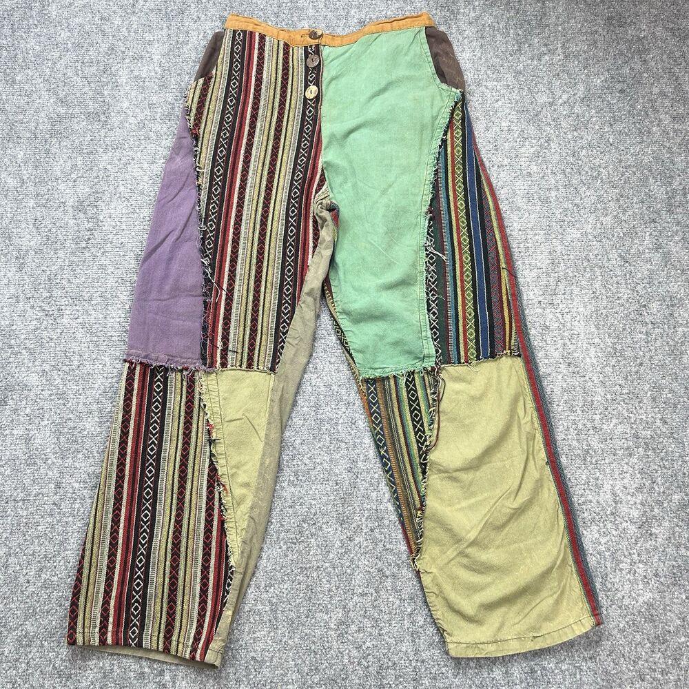 Kathmandu Imports Boho Pants Sz M/L Patchwork Stretch Back Waist Pockets Cotton